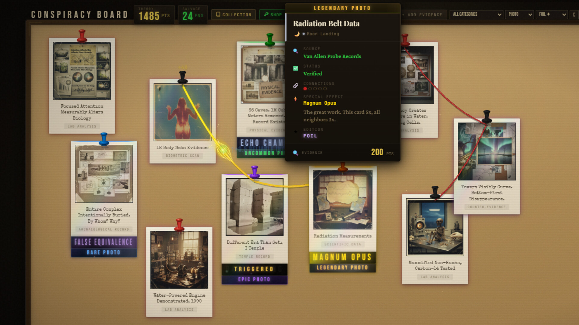 Evidence card detail showing Radiation Belt Data - a Legendary Photo with source, status, connections, and special effects