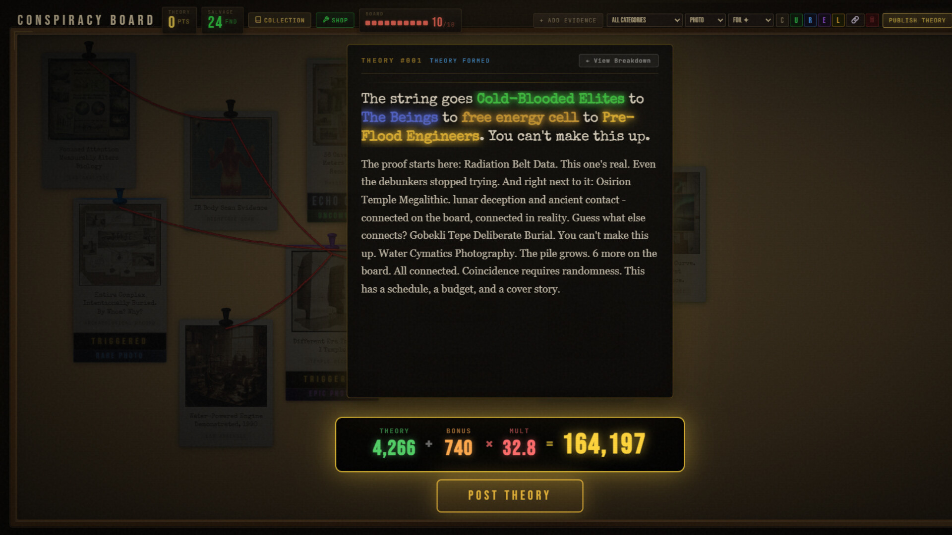 Theory #001 formed with narrative text connecting Cold-Blooded Elites to The Beings to free energy cell, with a score of 164,197 points